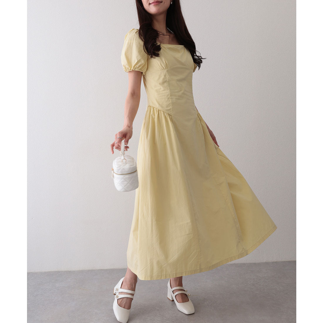 レースレディース Lace Ladies ソリッドカラー スクエアネック パフスリーブ ギャザー ワンピース (イエロー) イエロー