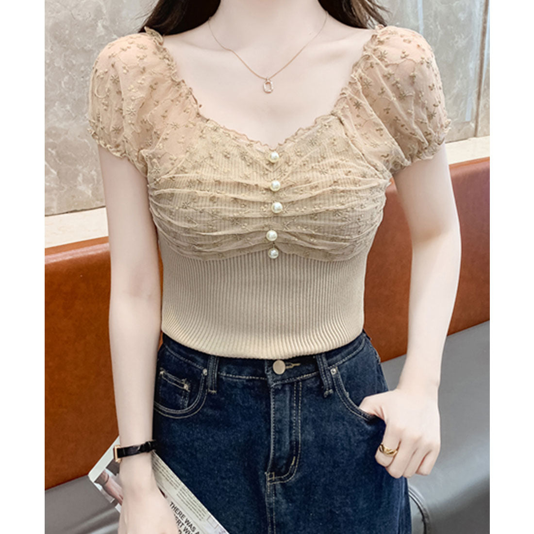 レースレディース Lace Ladies 花柄 シフォン パール付き パフ袖 リブ トップス (ベージュ) ベージュ