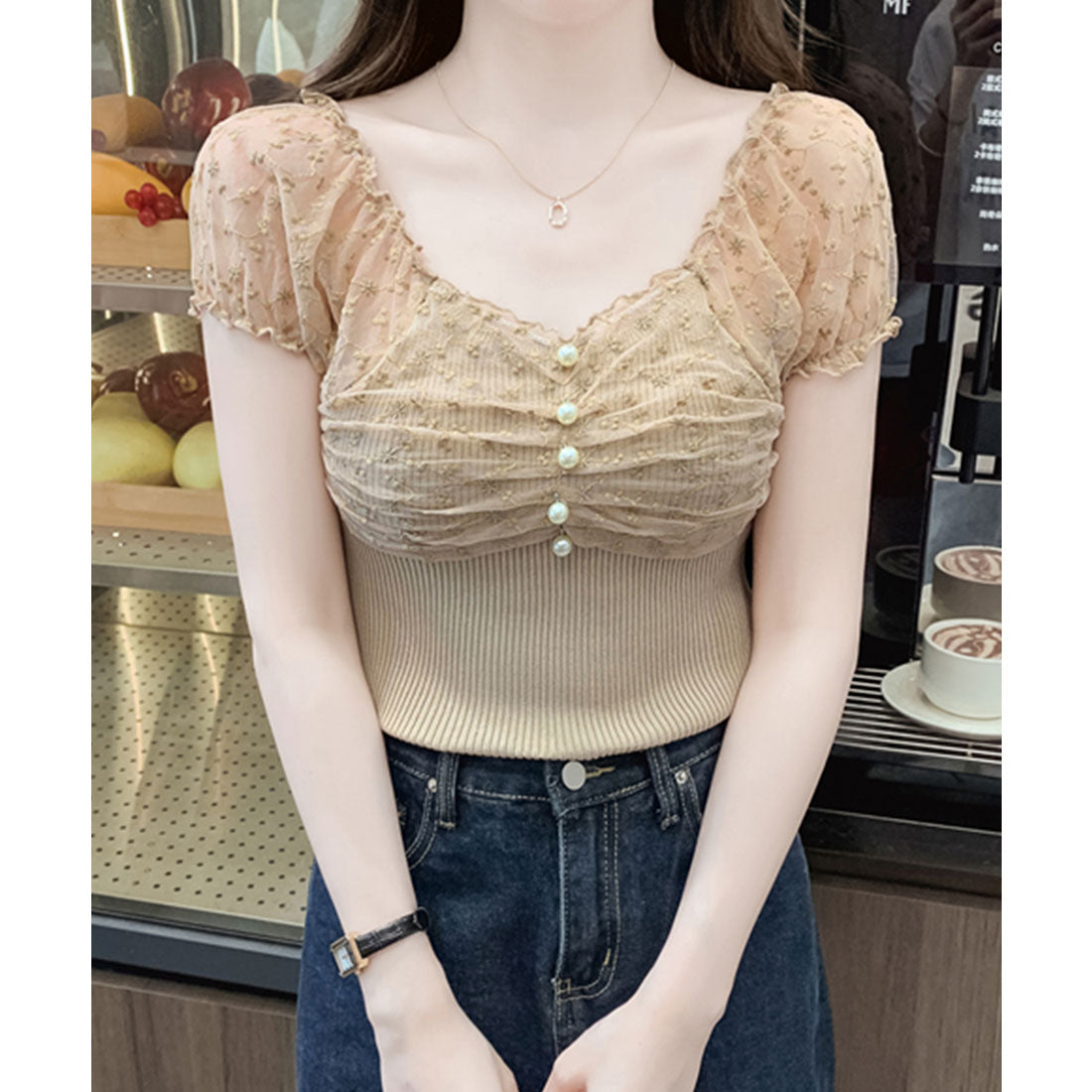 レースレディース Lace Ladies 花柄 シフォン パール付き パフ袖 リブ トップス (ベージュ) ベージュ