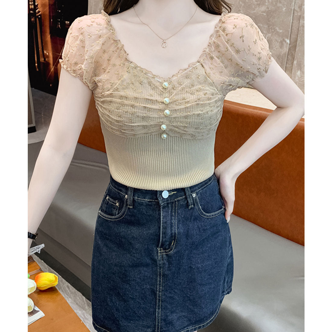 レースレディース Lace Ladies 花柄 シフォン パール付き パフ袖 リブ トップス (ベージュ) ベージュ