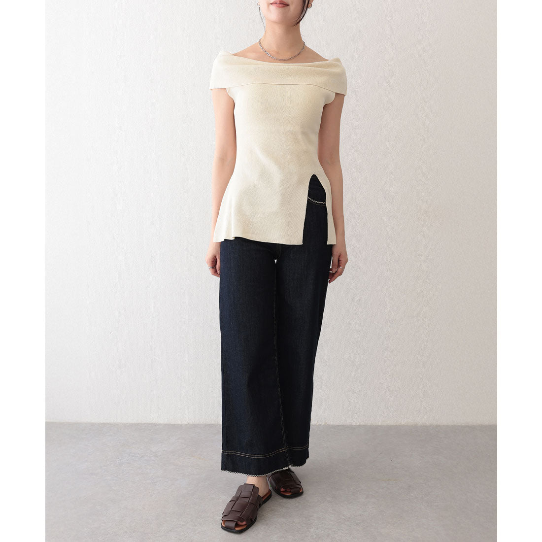 レースレディース Lace Ladies レース ステッチ ハイウエスト セミワイド デニム パンツ (ネイビー) ネイビー