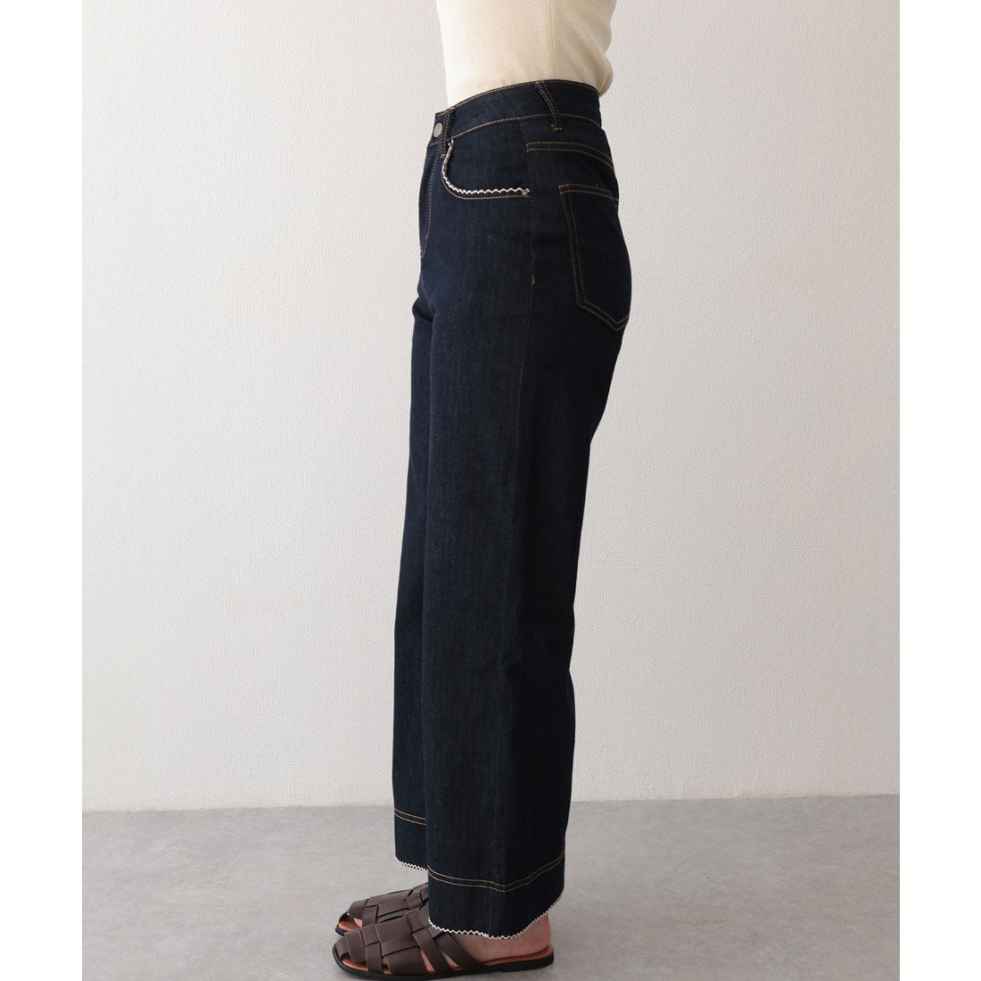 レースレディース Lace Ladies レース ステッチ ハイウエスト セミワイド デニム パンツ (ネイビー) ネイビー