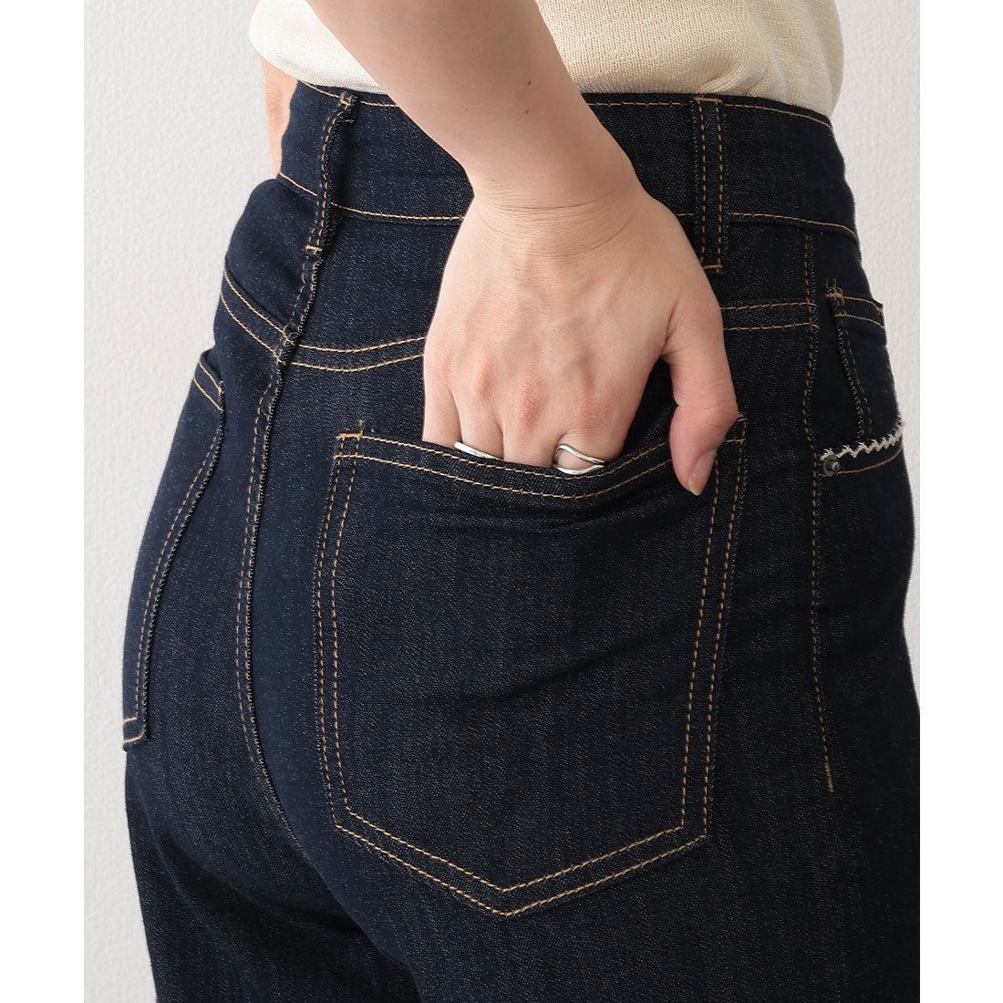 レースレディース Lace Ladies レース ステッチ ハイウエスト セミワイド デニム パンツ (ネイビー) ネイビー