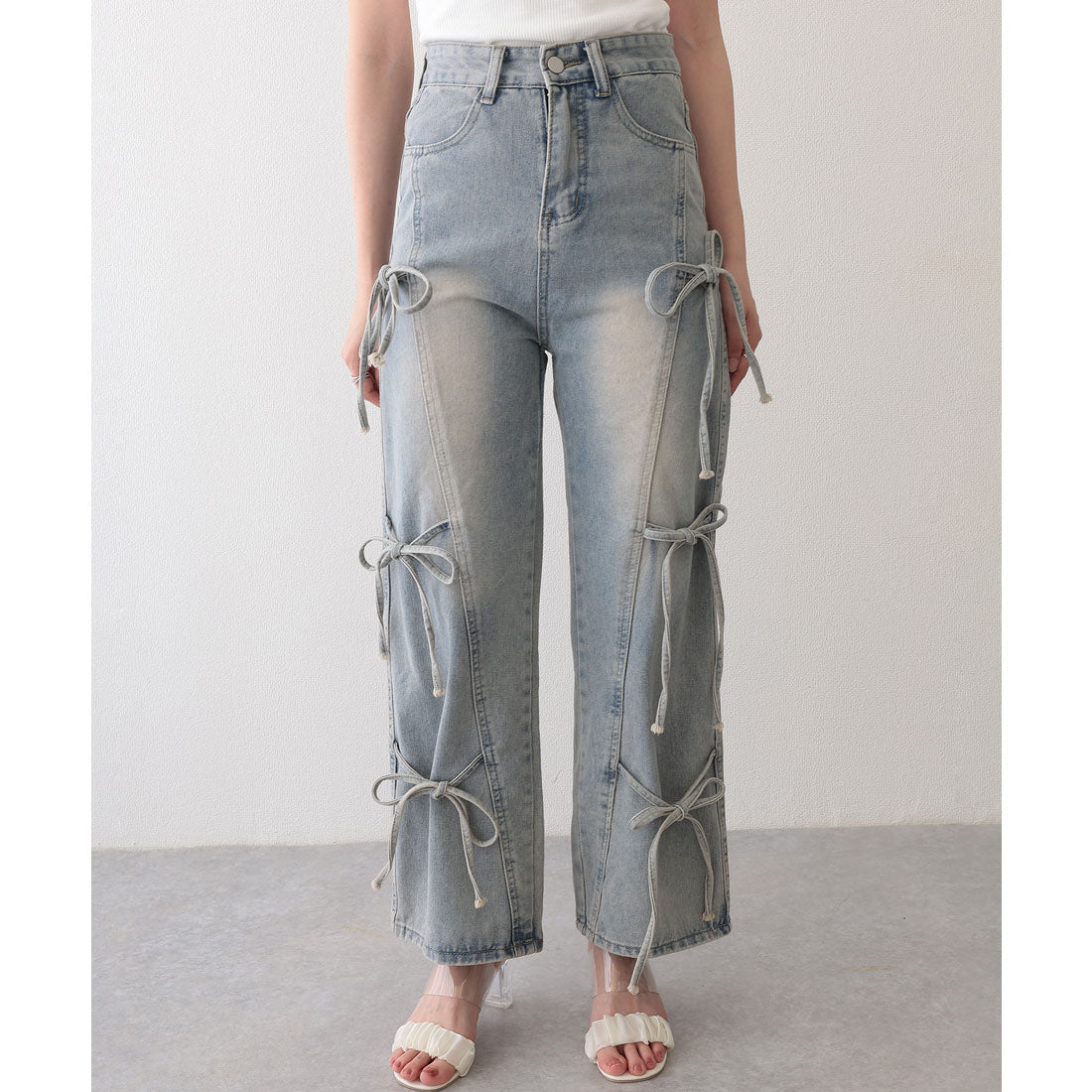 レースレディース Lace Ladies ウォッシュ加工 リボン付き ワイド フレア デニムパンツ (ブルー) ブルー