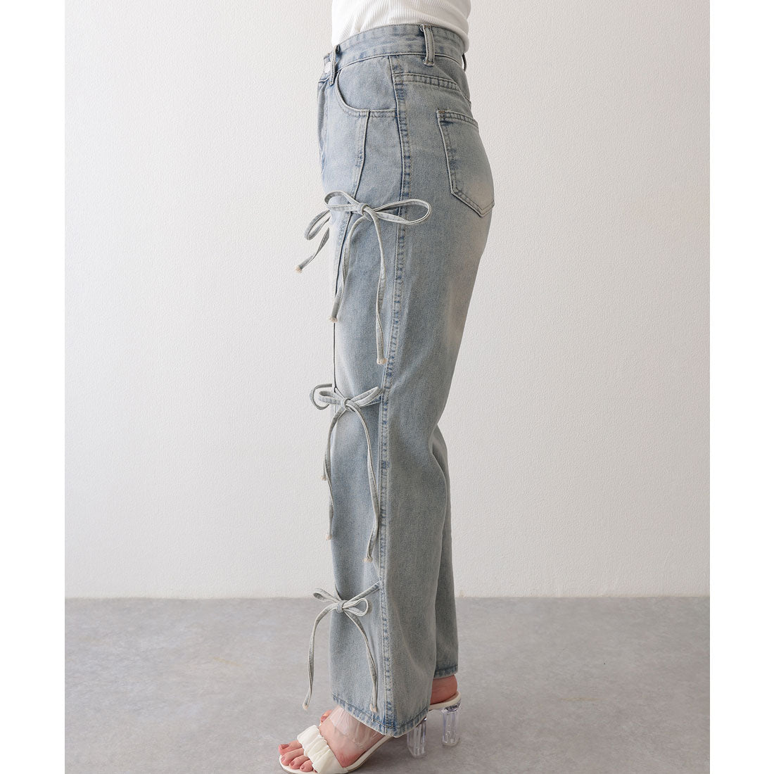 レースレディース Lace Ladies ウォッシュ加工 リボン付き ワイド フレア デニムパンツ (ブルー) ブルー