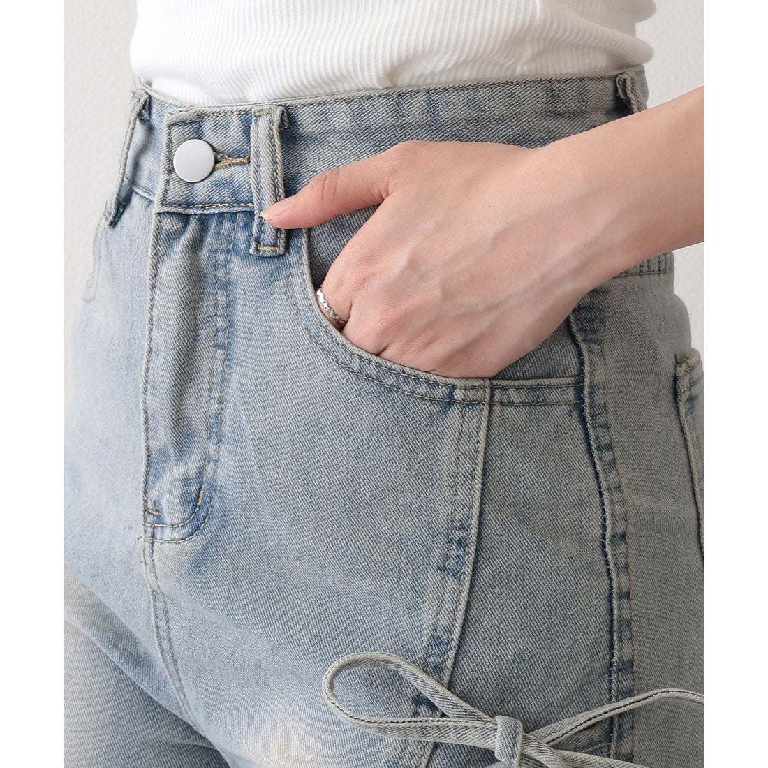 レースレディース Lace Ladies ウォッシュ加工 リボン付き ワイド フレア デニムパンツ (ブルー) ブルー