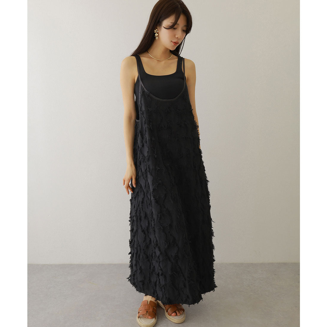 レースレディース Lace Ladies フリンジ デザイン マキシ丈 キャミソール ワンピース (ブラック) ブラック