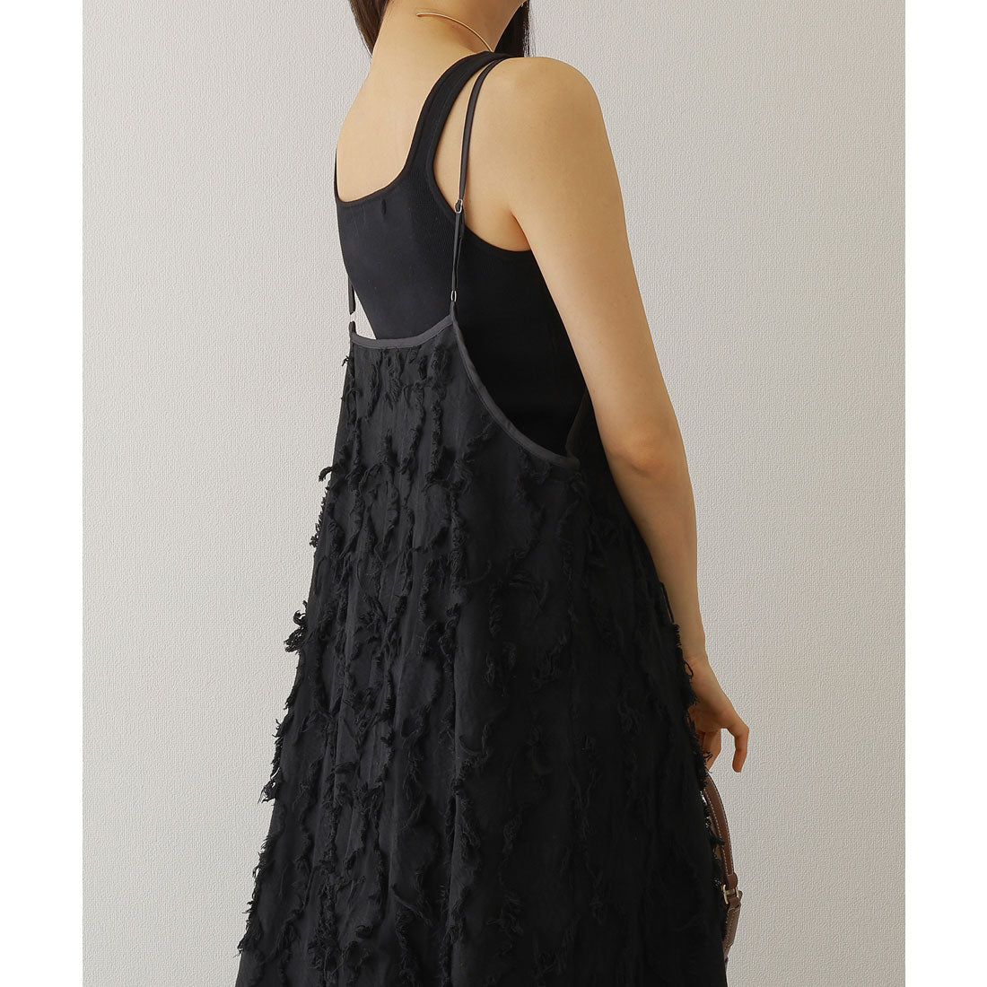 レースレディース Lace Ladies フリンジ デザイン マキシ丈 キャミソール ワンピース (ブラック) ブラック