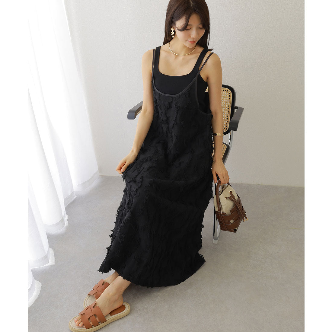 レースレディース Lace Ladies フリンジ デザイン マキシ丈 キャミソール ワンピース (ブラック) ブラック