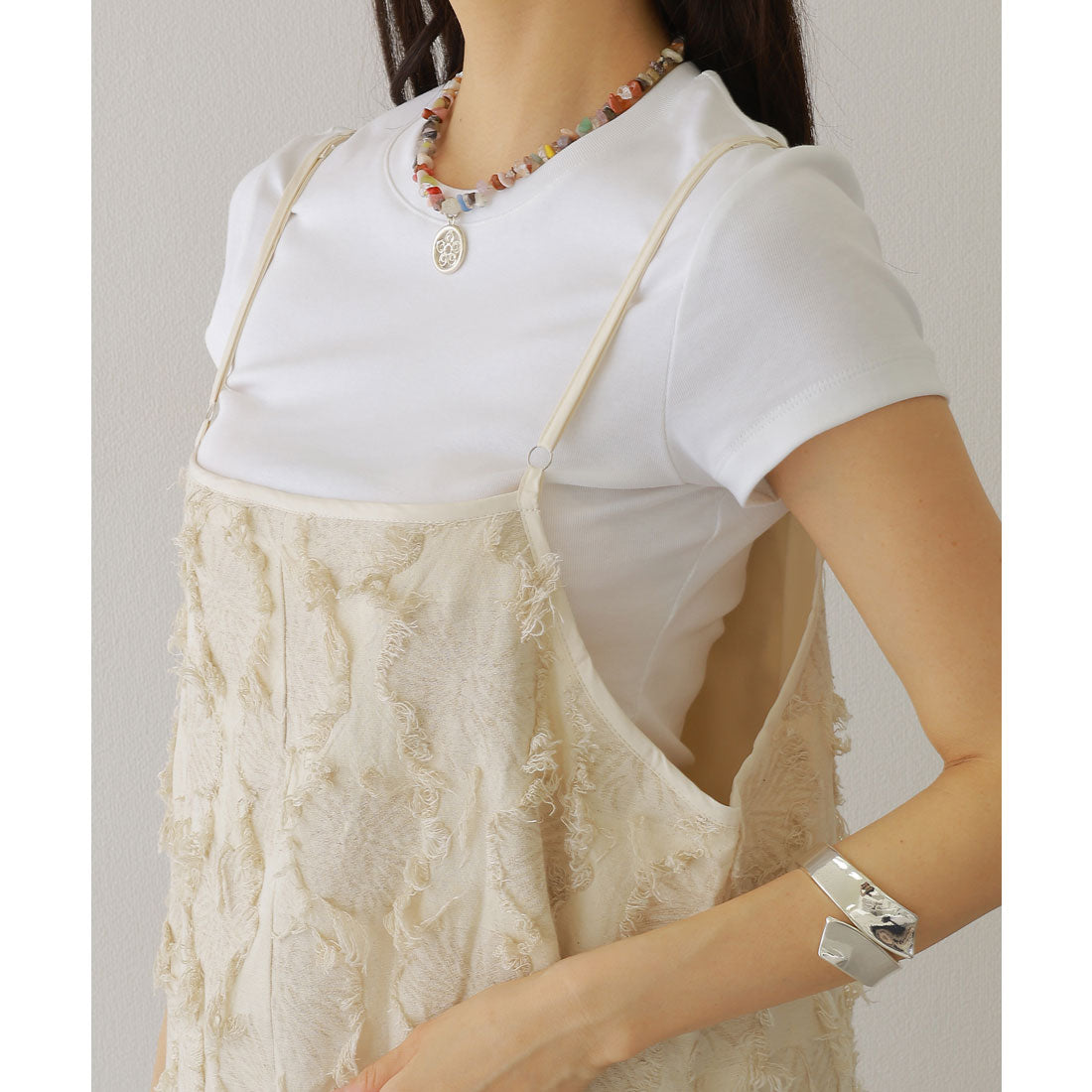 レースレディース Lace Ladies フリンジ デザイン マキシ丈 キャミソール ワンピース (ブラック) ブラック