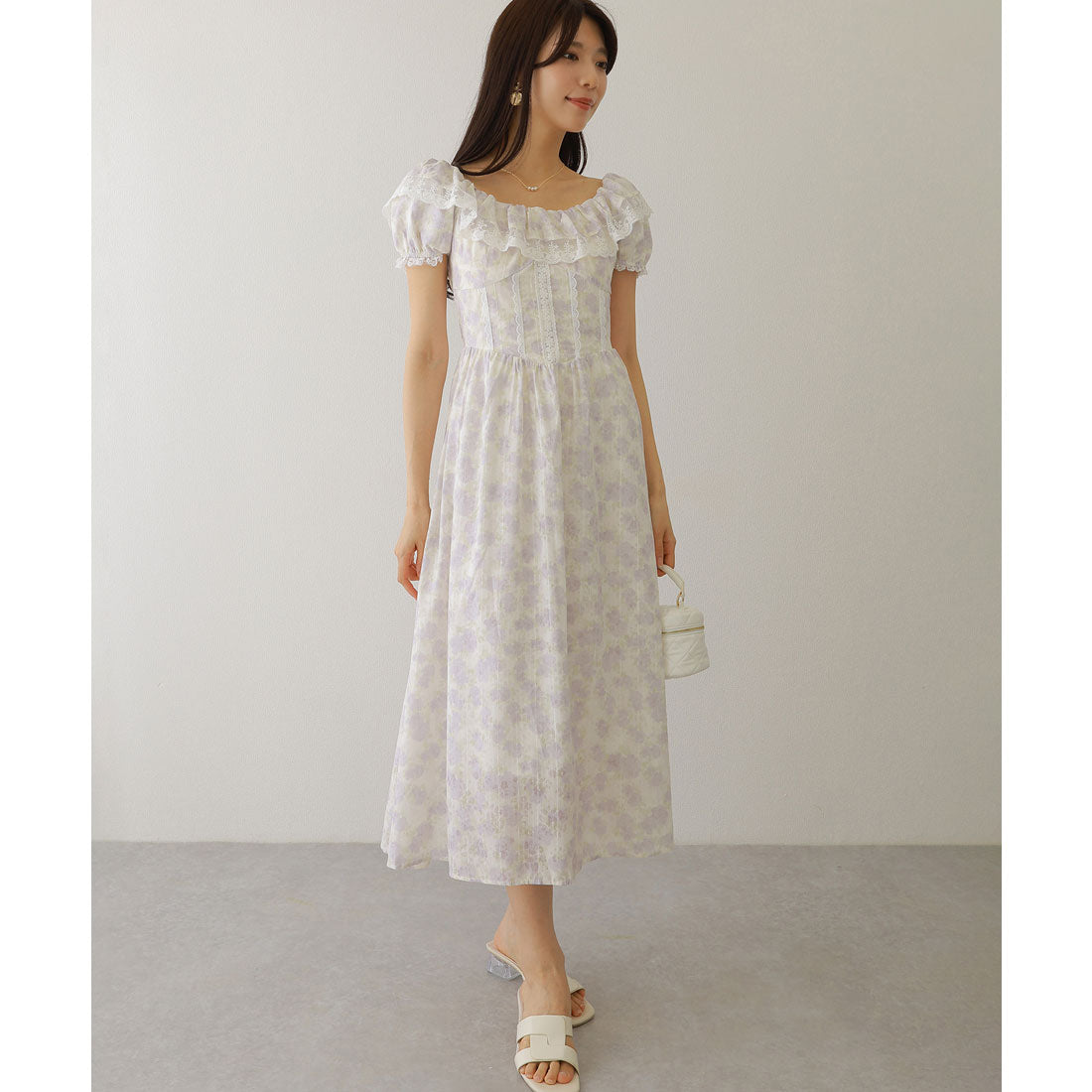 レースレディース Lace Ladies シアー フリル カラー 花柄 ロング ワンピース (ラベンダー) ラベンダー