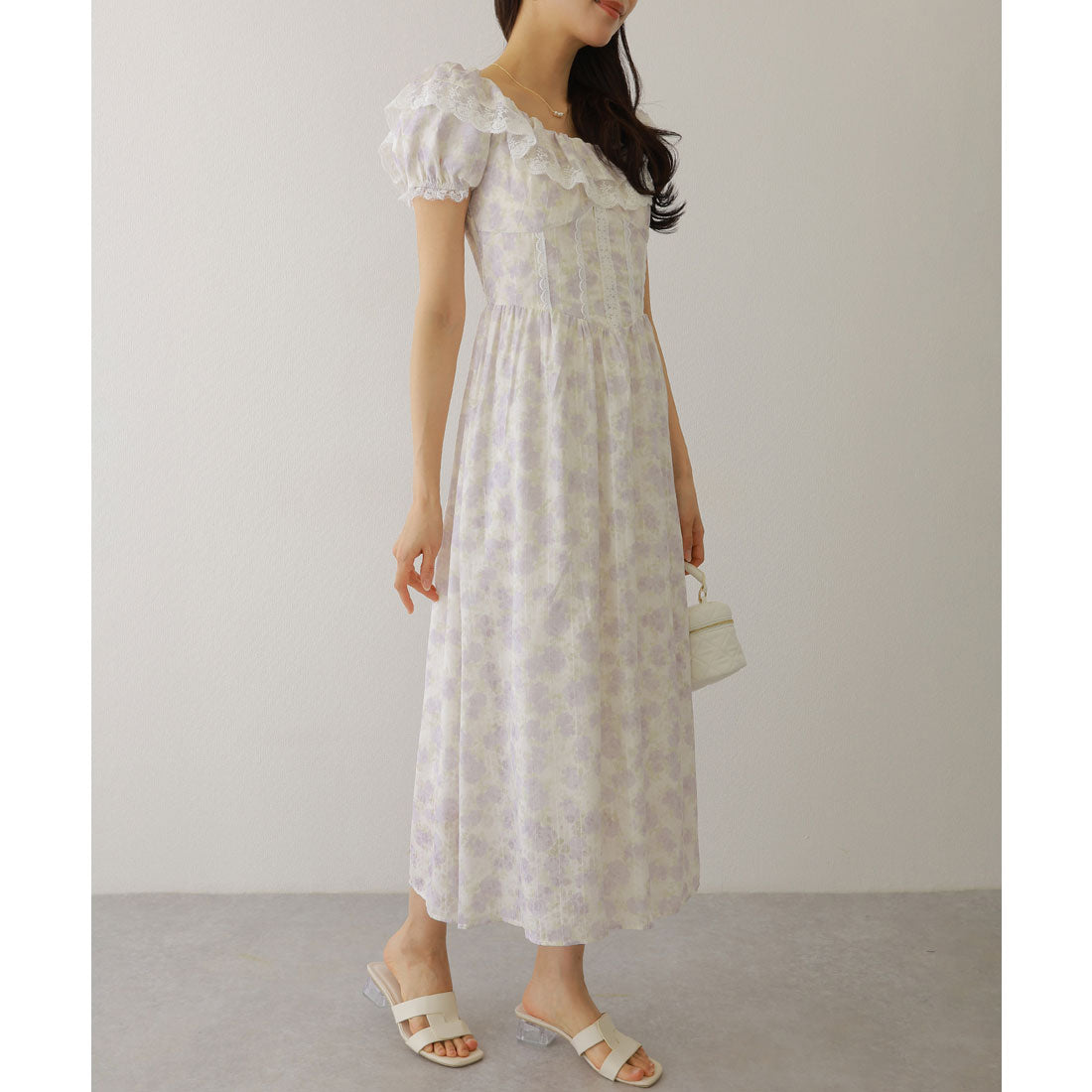 レースレディース Lace Ladies シアー フリル カラー 花柄 ロング ワンピース (ラベンダー) ラベンダー