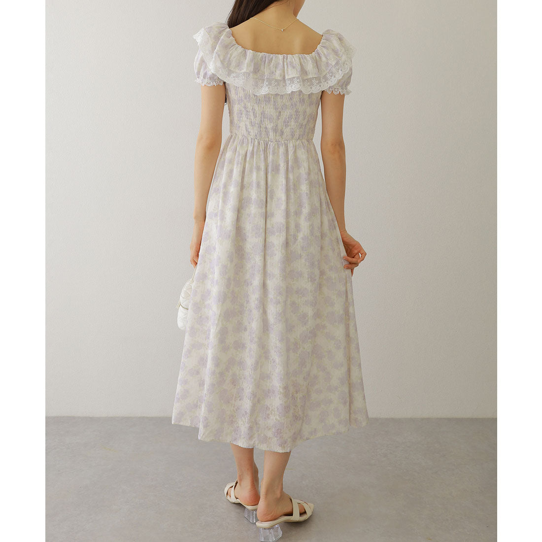 レースレディース Lace Ladies シアー フリル カラー 花柄 ロング ワンピース (ラベンダー) ラベンダー