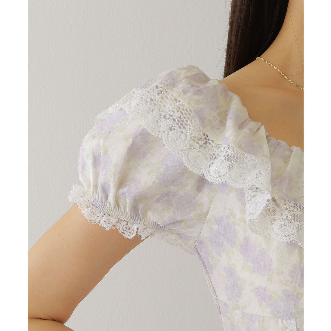 レースレディース Lace Ladies シアー フリル カラー 花柄 ロング ワンピース (ラベンダー) ラベンダー