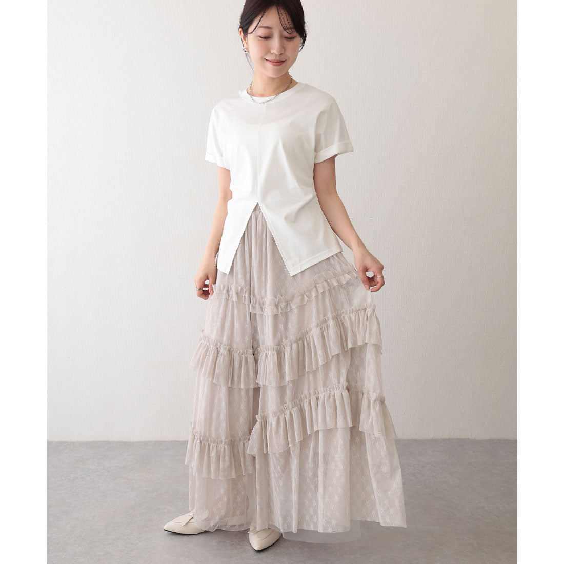 レースレディース Lace Ladies 総レース ティアード フリル マキシ スカート (ラベンダー) ラベンダー