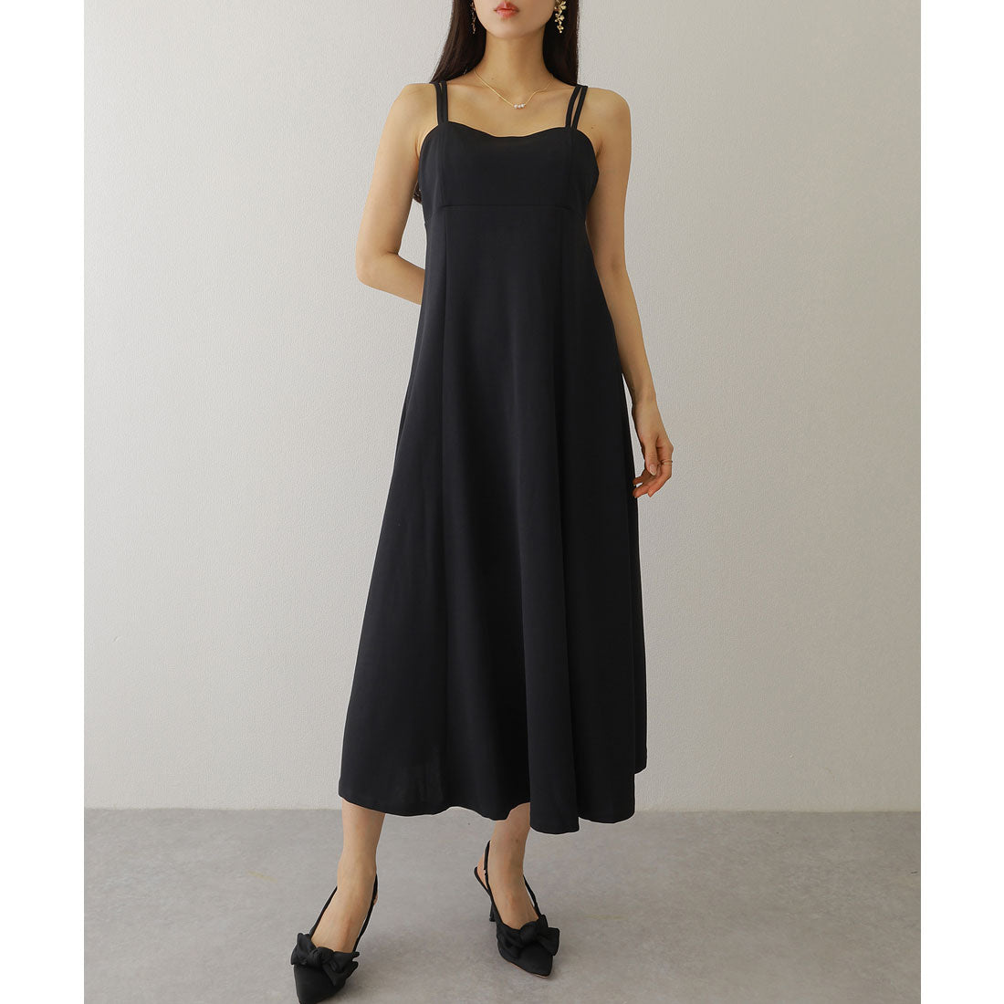 レースレディース Lace Ladies ソリッドカラー バックスリット キャミソール マキシ ワンピース (ブラック) ブラック