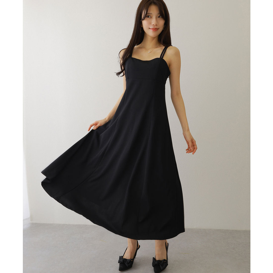 レースレディース Lace Ladies ソリッドカラー バックスリット キャミソール マキシ ワンピース (ブラック) ブラック