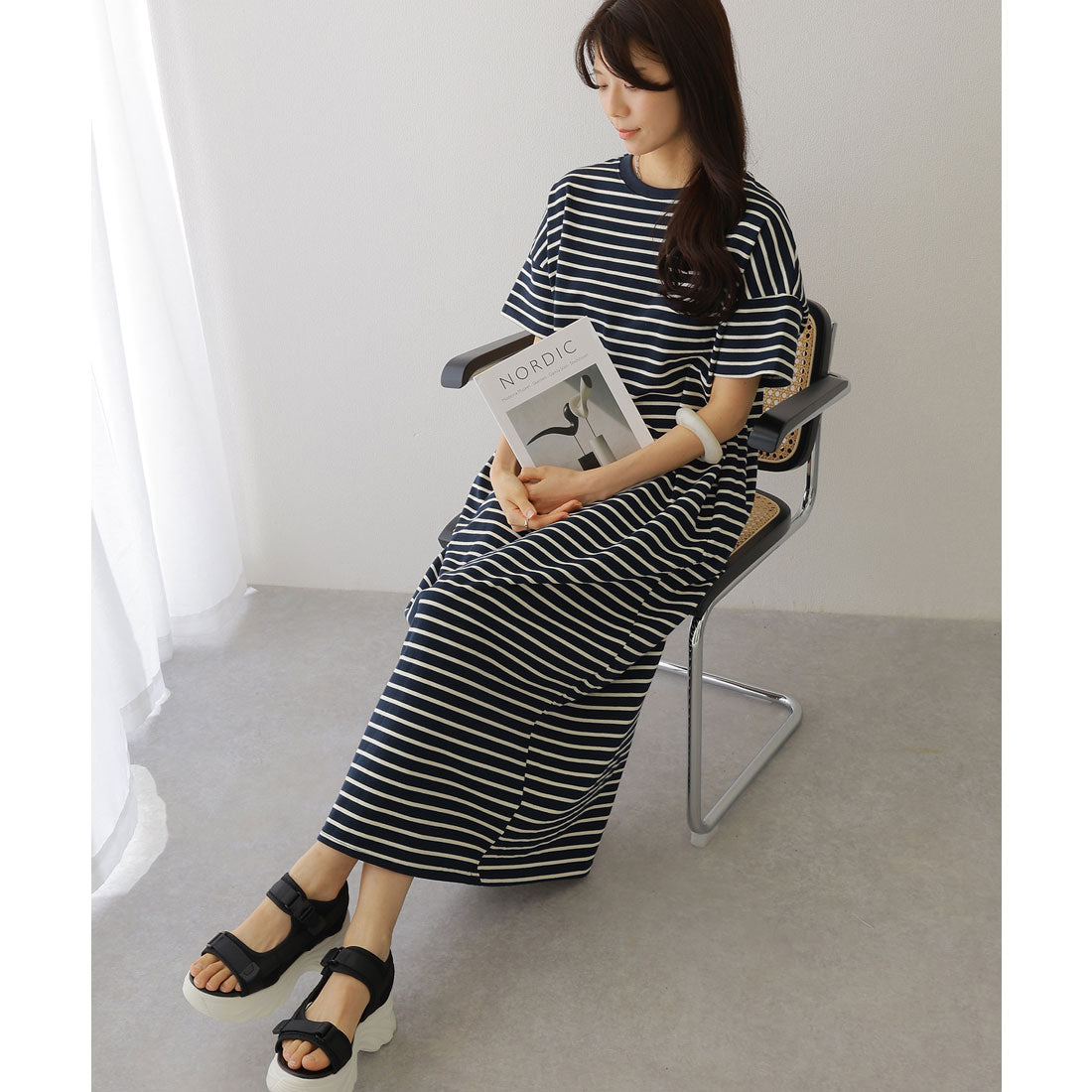 レースレディース Lace Ladies クルーネック 配色 ボーダー マキシ ワンピース (ネイビー) ネイビー