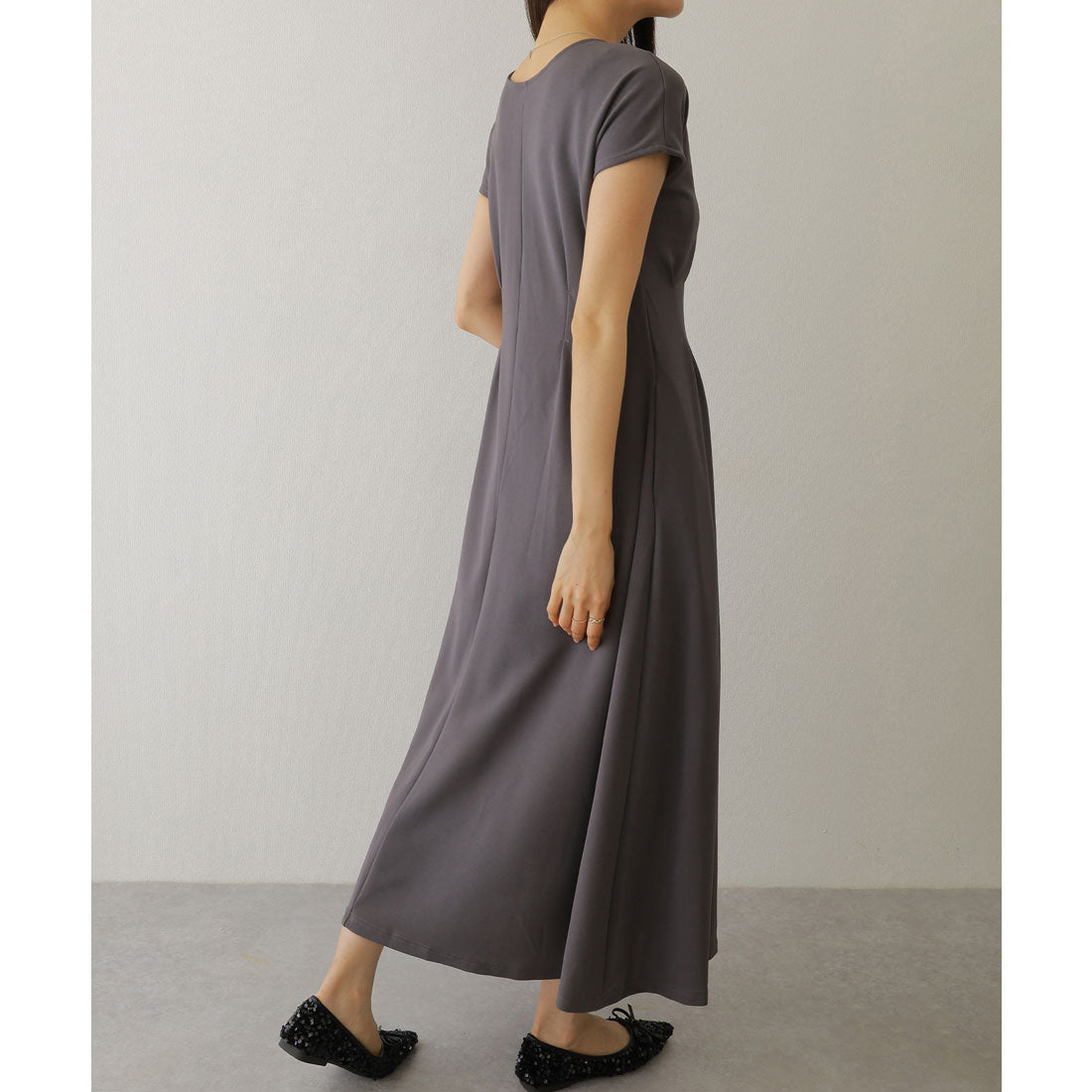 レースレディース Lace Ladies キーネック ウエスト タック 半袖 マキシ ワンピース (チャコールグレー) チャコールグレー