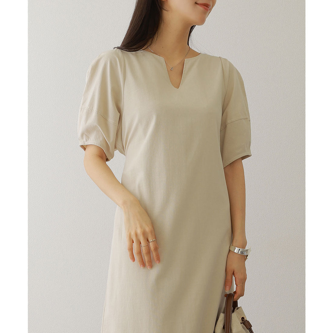 レースレディース Lace Ladies キーネック パフスリーブ マキシ スリット ワンピース (ベージュ) ベージュ