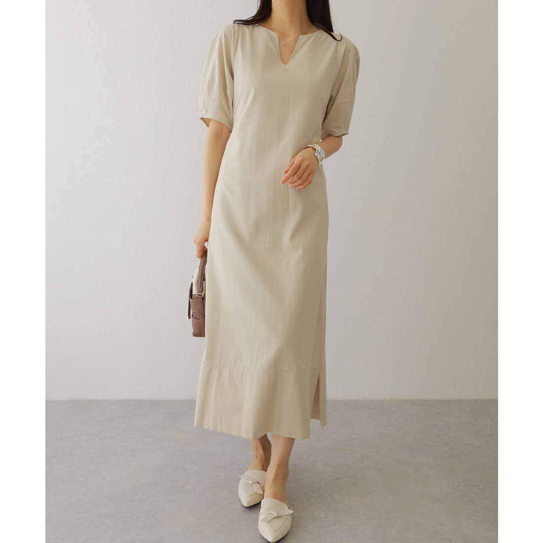 レースレディース Lace Ladies キーネック パフスリーブ マキシ スリット ワンピース (ベージュ) ベージュ