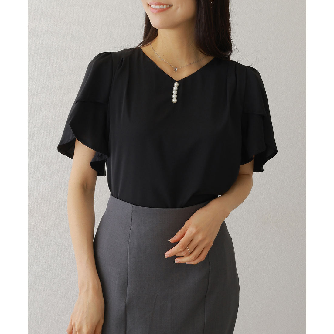 レースレディース Lace Ladies パール ライン フリル袖 シフォン ブラウス (ブラック) ブラック