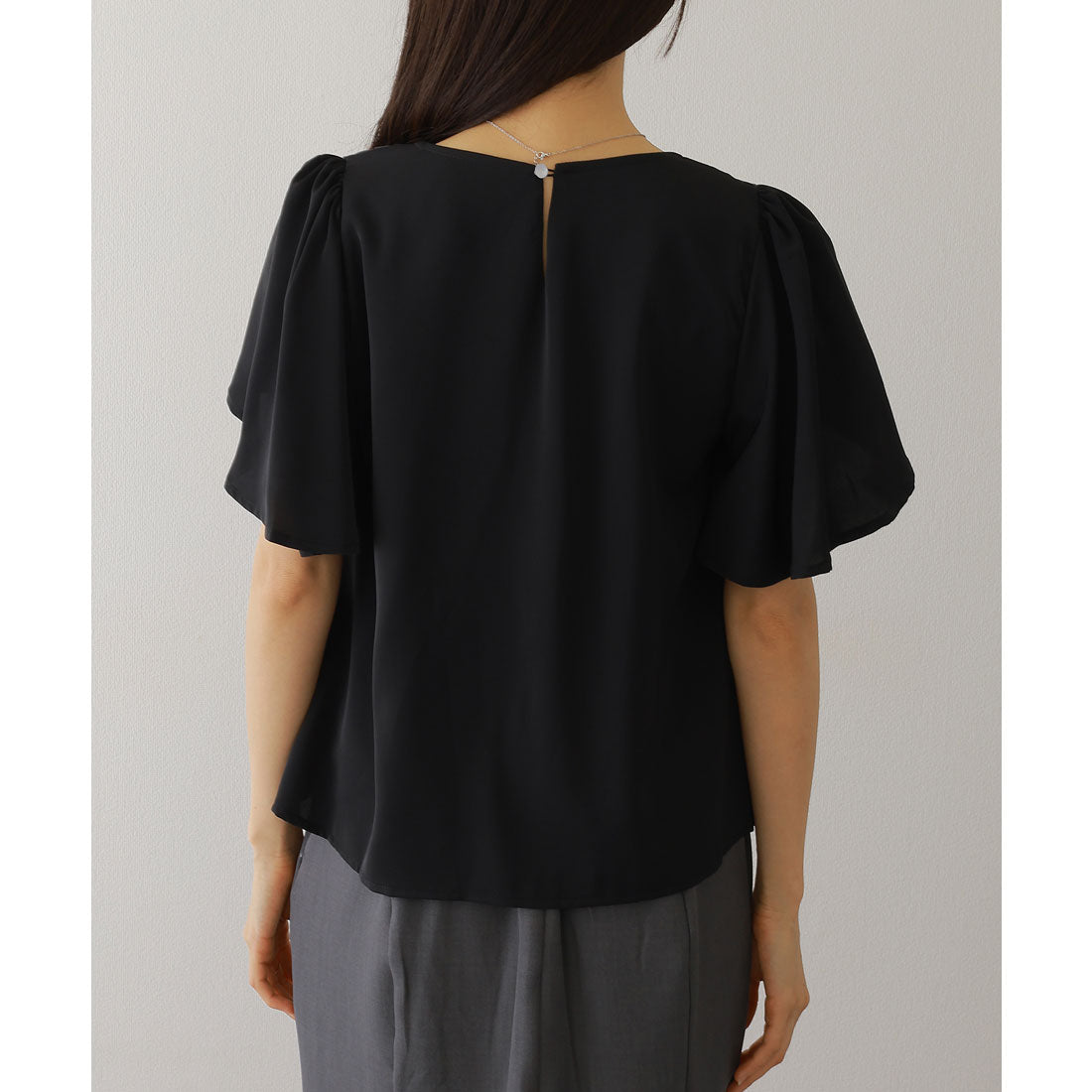 レースレディース Lace Ladies パール ライン フリル袖 シフォン ブラウス (ブラック) ブラック