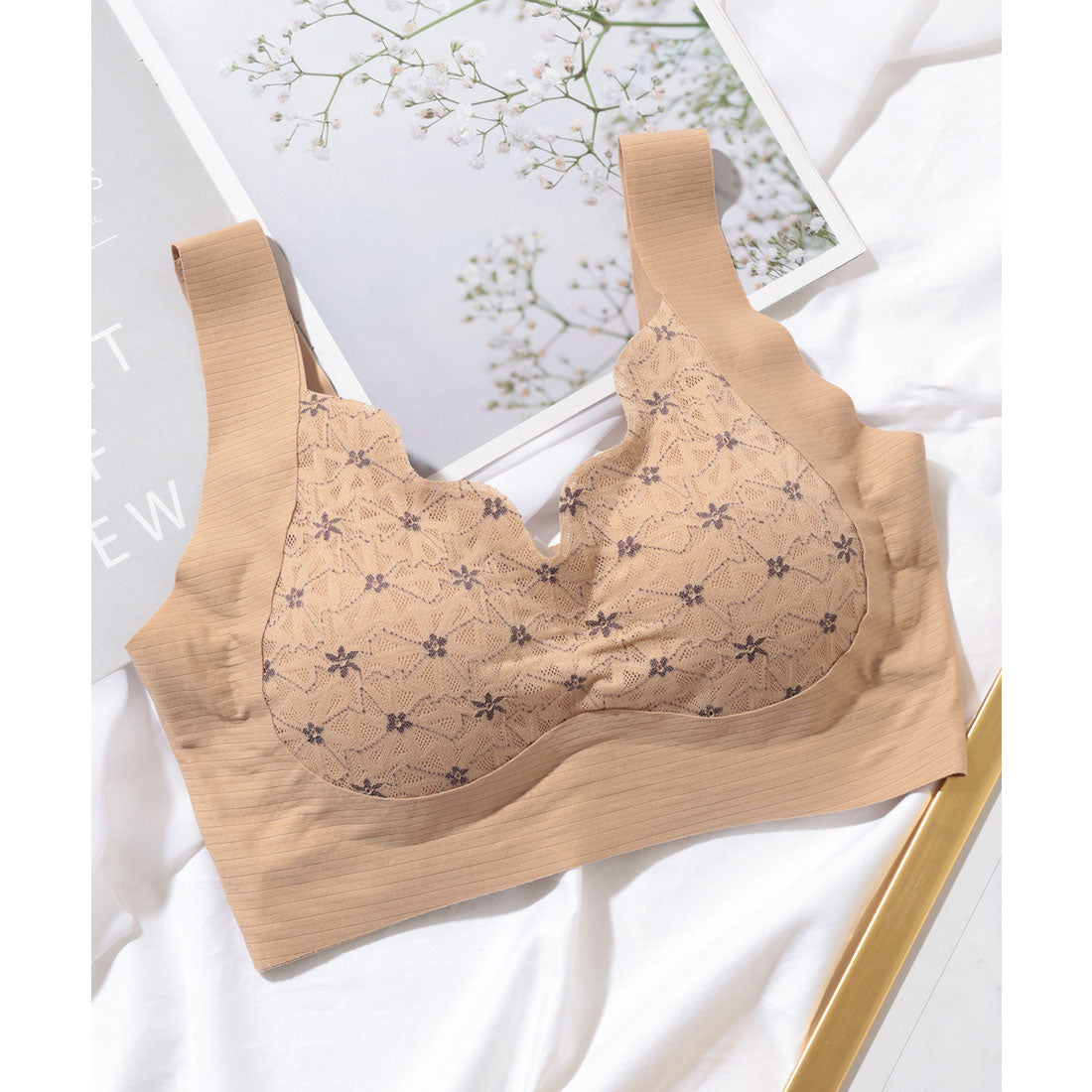 レースレディース Lace Ladies フラワー レース Vネック 脇高 ノンワイヤー ブラ (アイボリー) アイボリー