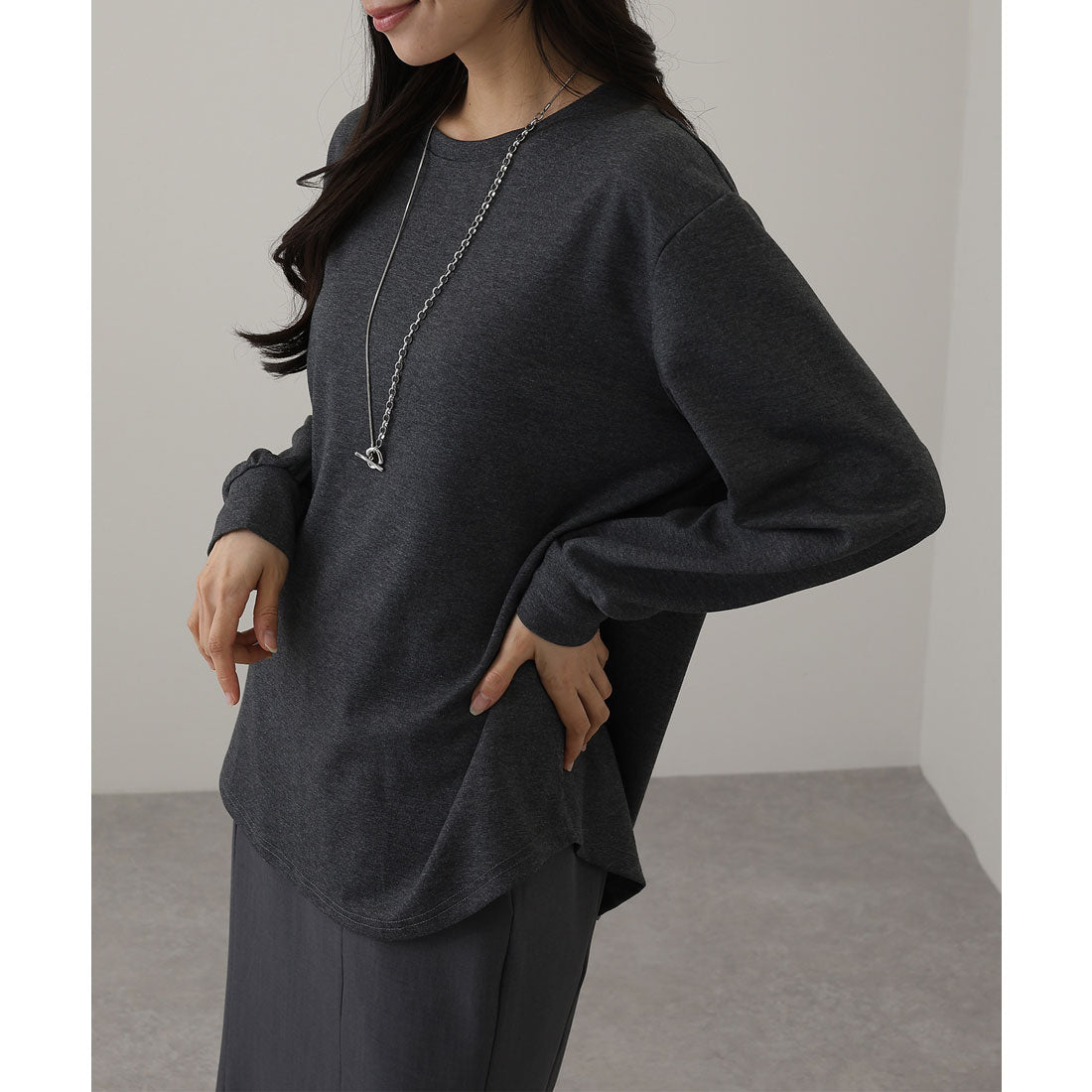 レースレディース Lace Ladies クルーネック オーバーサイズ ベーシック 長袖 カットソー (ダークグレー) ダークグレー