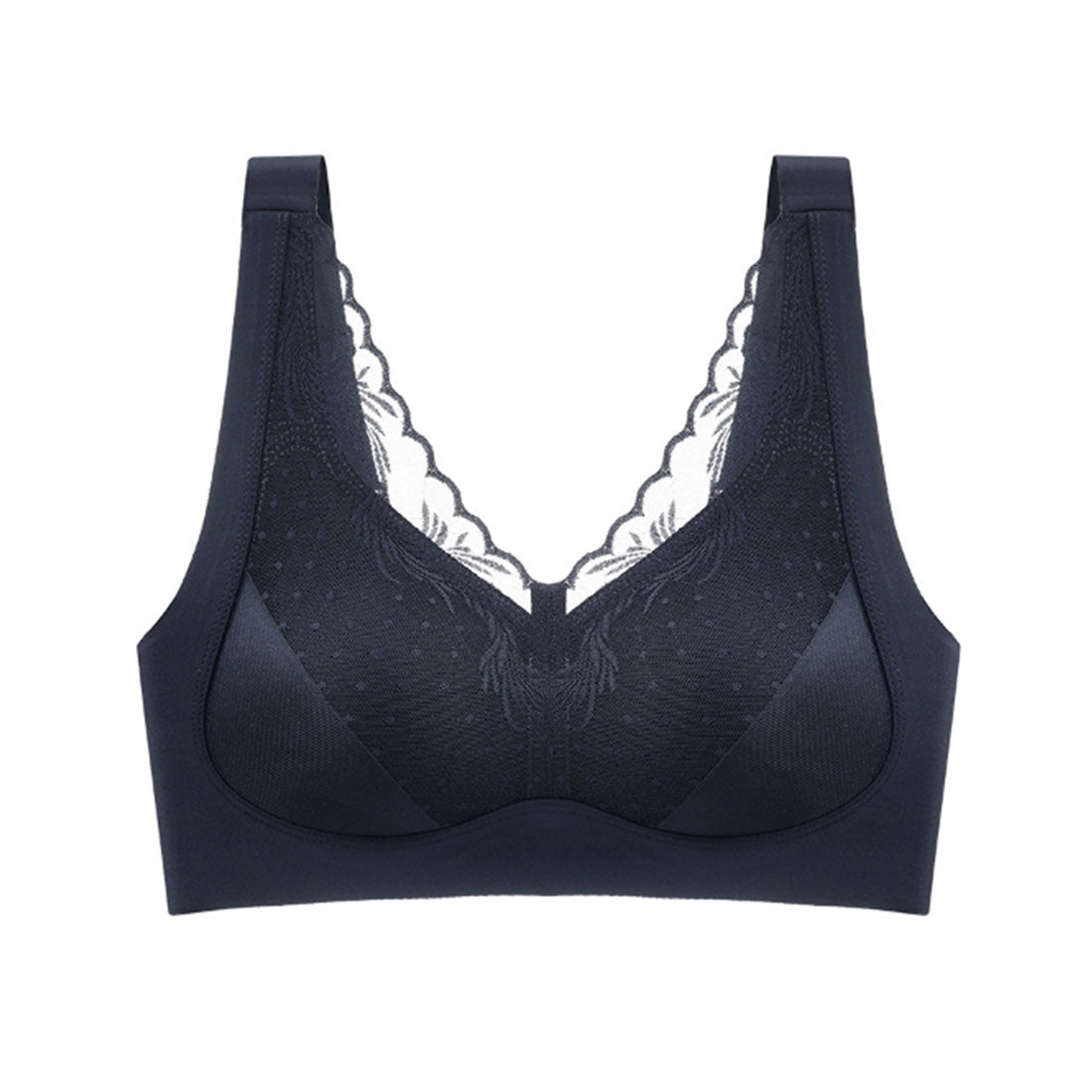 レースレディース Lace Ladies ソリッドカラー ドット チュール ドッキング ノンワイヤー ブラ (ブラック) ブラック