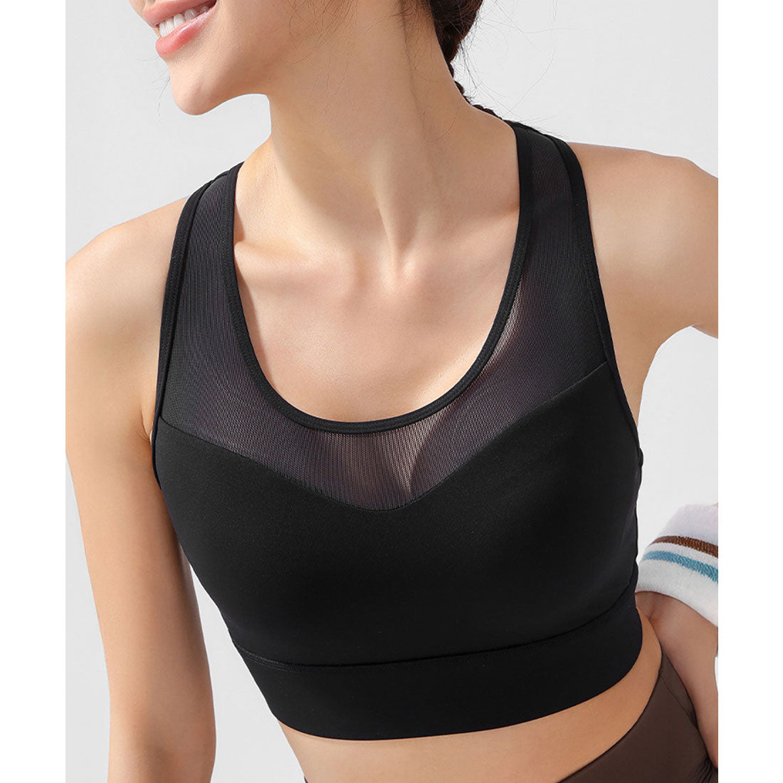 レースレディース Lace Ladies バック クロス メッシュ ドッキング カップ付き ハーフトップ (ブラック) ブラック