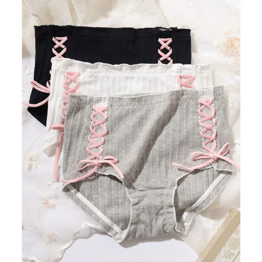 レースレディース Lace Ladies 【3枚セット】サイド レースアップ ミドル ショーツ【返品不可商品】 (3枚セット) 3枚セット