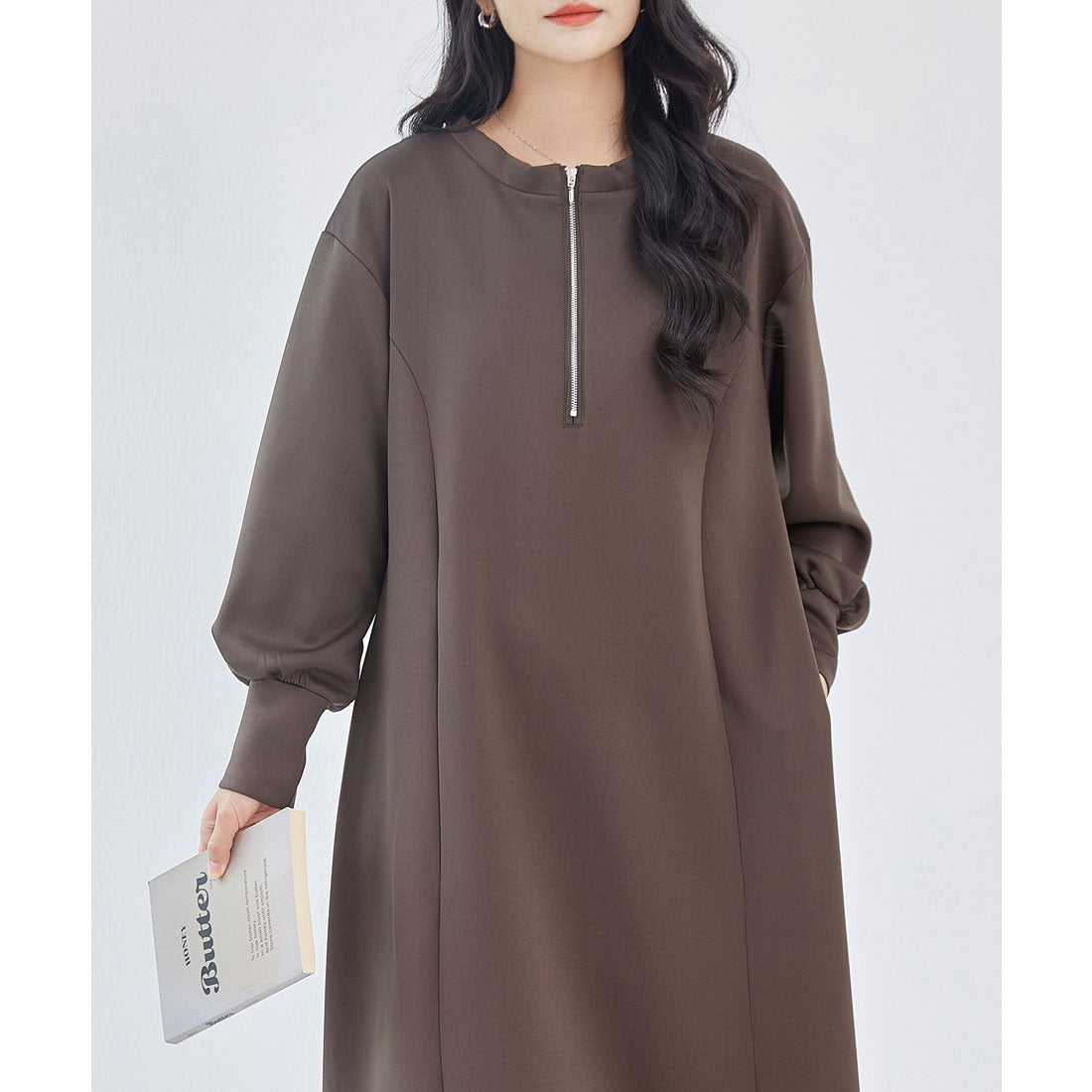 レースレディース Lace Ladies 2WAY ハーフジップ 長袖 マキシ ワンピース (ブラウン) ブラウン