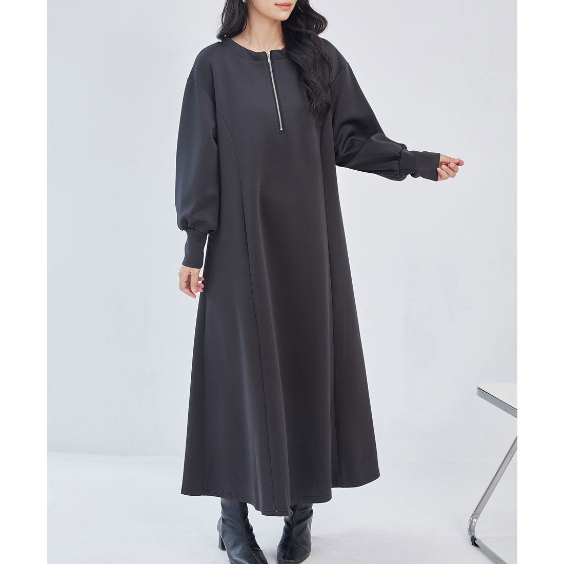 レースレディース Lace Ladies 2WAY ハーフジップ 長袖 マキシ ワンピース (チャコールグレー) チャコールグレー