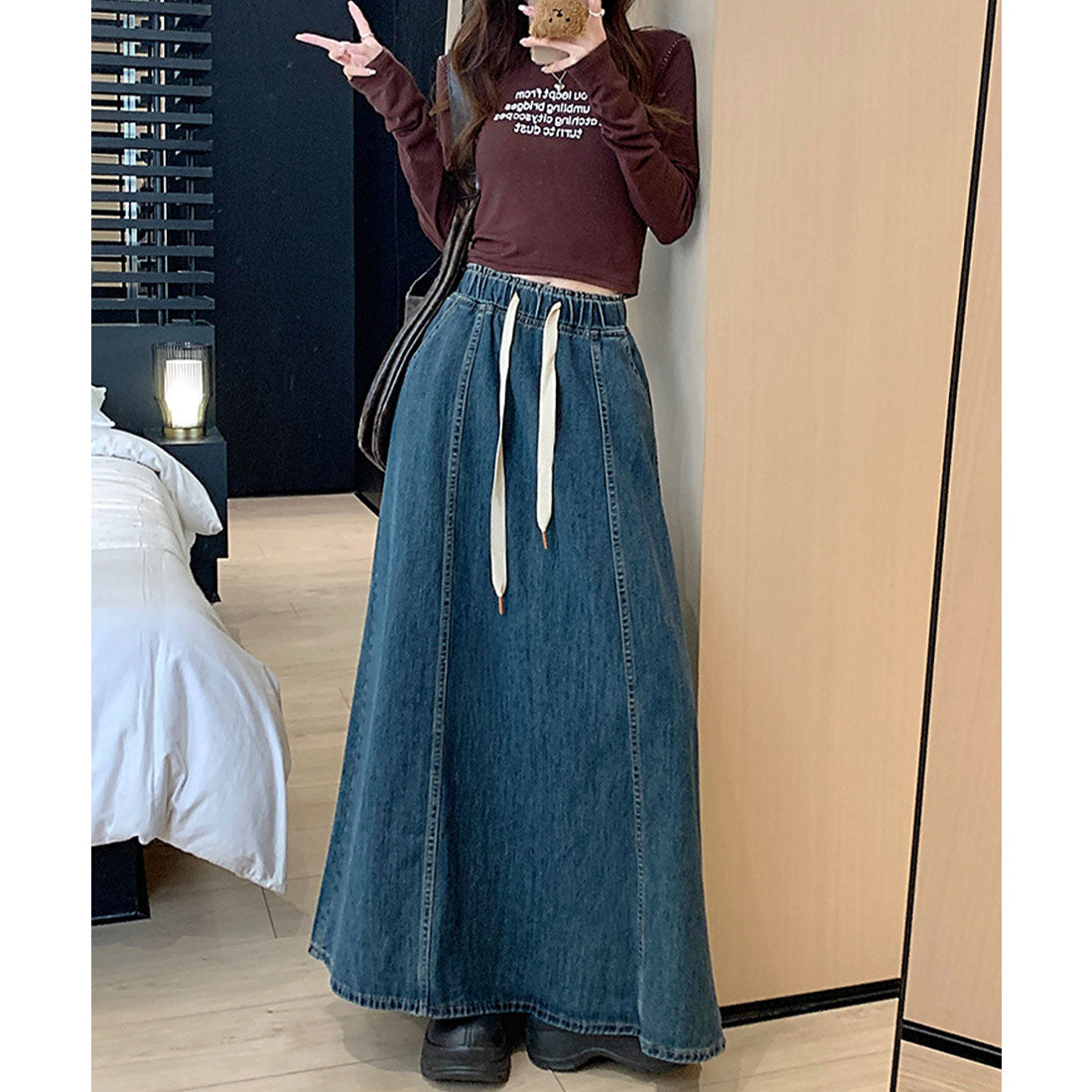 レースレディース Lace Ladies 切替 フレア デニム ロング スカート (ネイビー) ネイビー