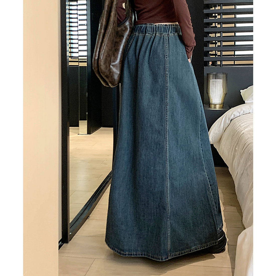 レースレディース Lace Ladies 切替 フレア デニム ロング スカート (ネイビー) ネイビー