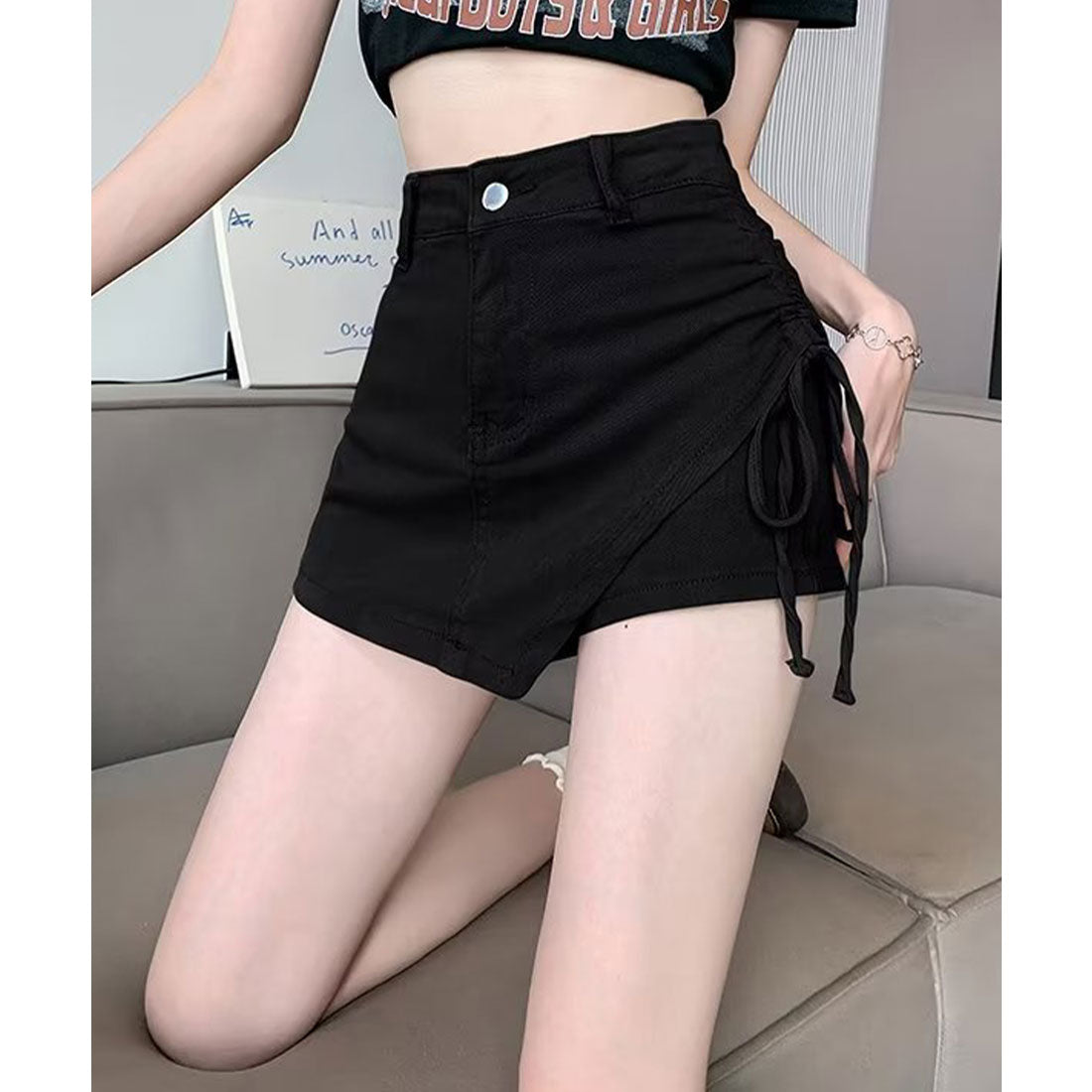 レースレディース Lace Ladies ハイウエスト サイドギャザー インパン付き ミニ スカート (ブラック) ブラック
