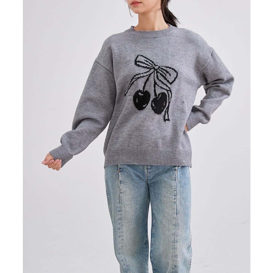 レースレディース Lace Ladies チェリー柄 配色 クルーネック ニット プルオーバー (グレー) グレー