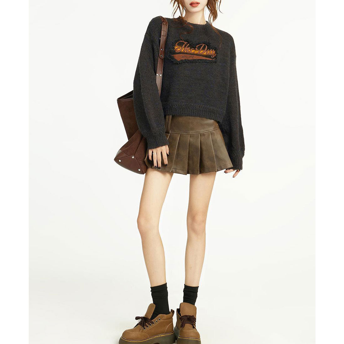 レースレディース Lace Ladies クルーネック パッチワーク ロゴ ニット プルオーバー (ダークグレー) ダークグレー