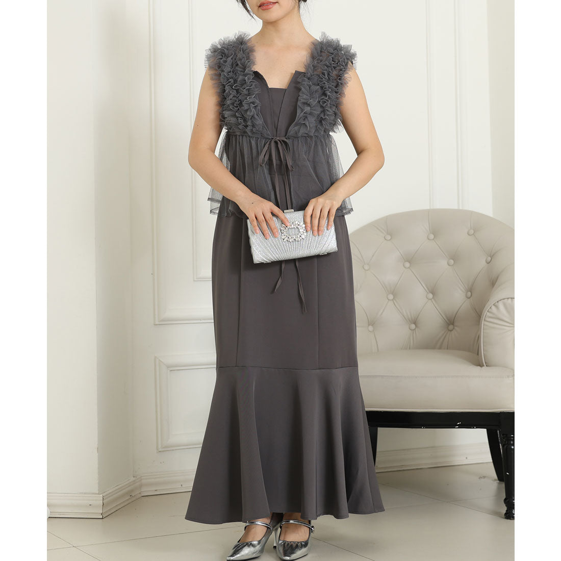 sachin and babi light blue dress Lace Ladies 【2-piece set】 Organza Frill Peplum Layered Long Dress