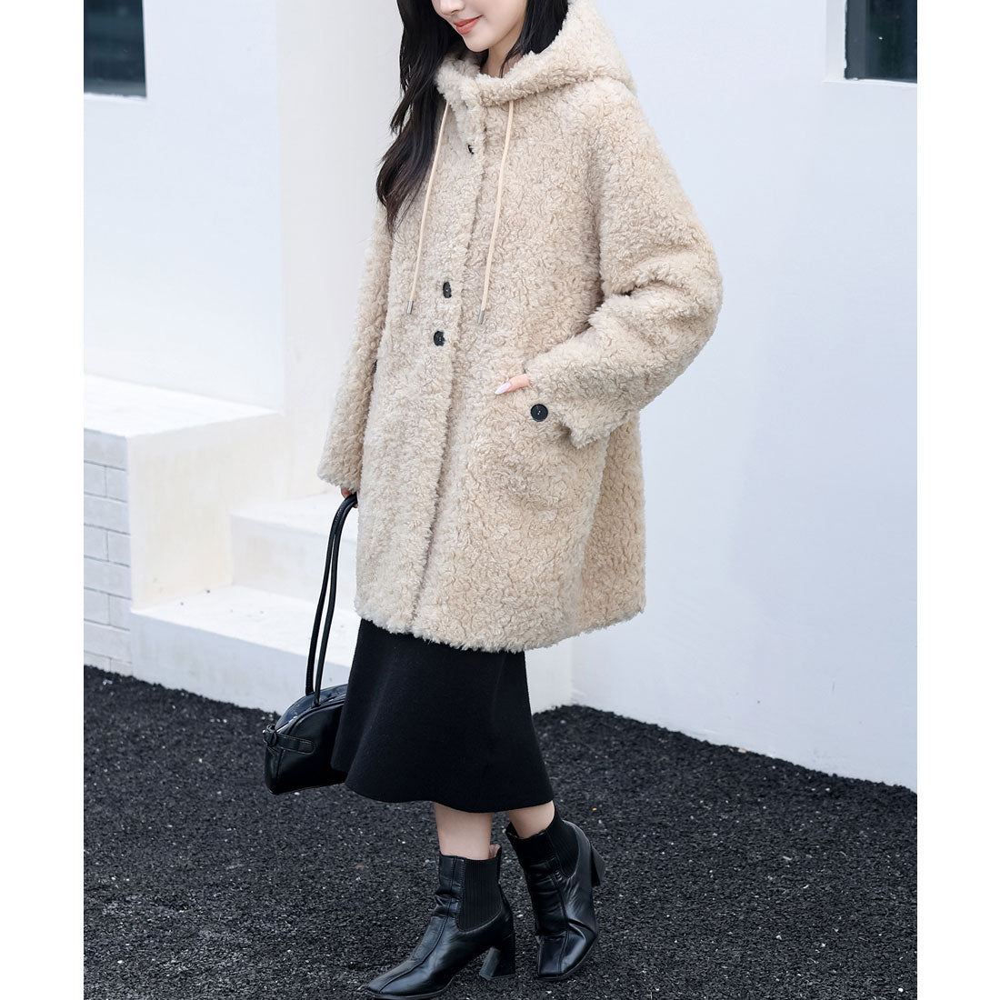 レースレディース Lace Ladies フーデット ミドル ボア ファー ジャケット (ベージュ) ベージュ