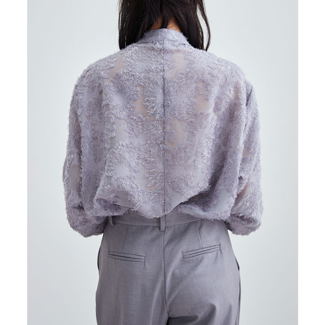 レースレディース Lace Ladies 花柄 フリンジ ジャガード 長袖 ブラウス (グレー) グレー