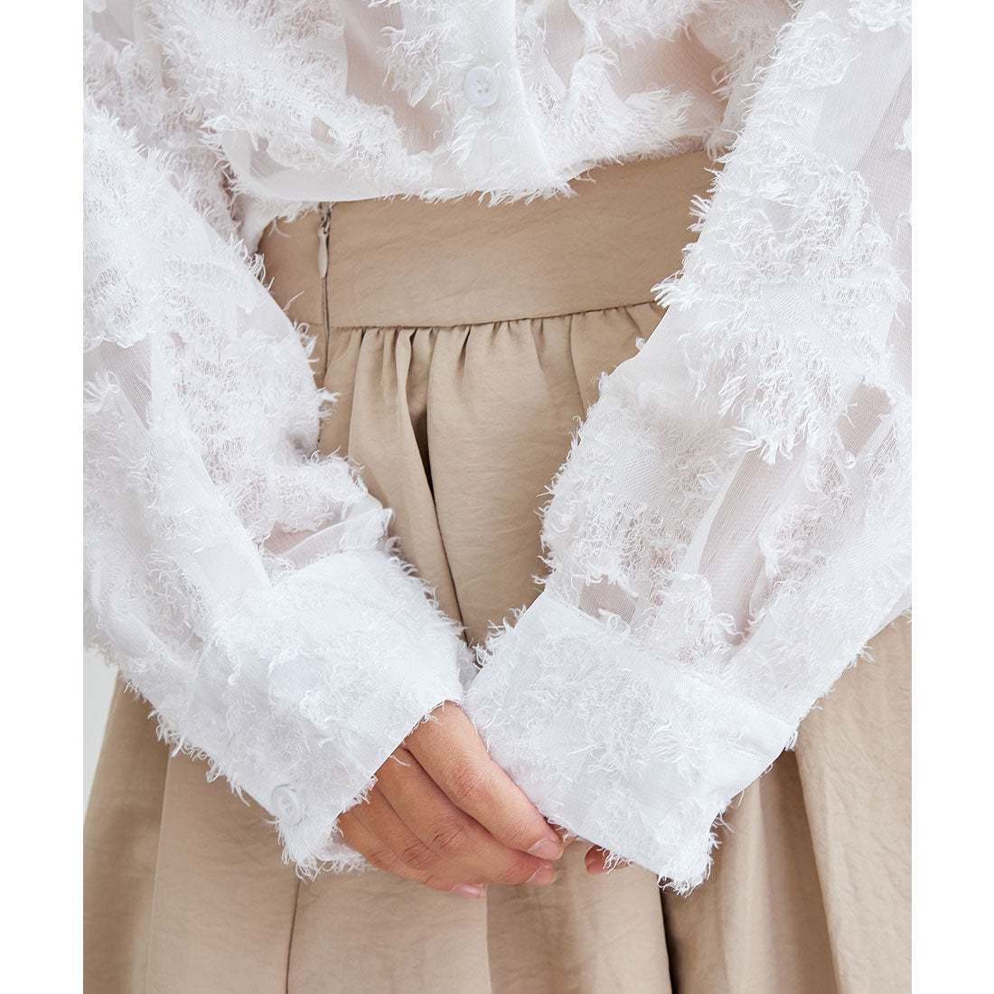 レースレディース Lace Ladies 花柄 フリンジ ジャガード 長袖 ブラウス (グレー) グレー