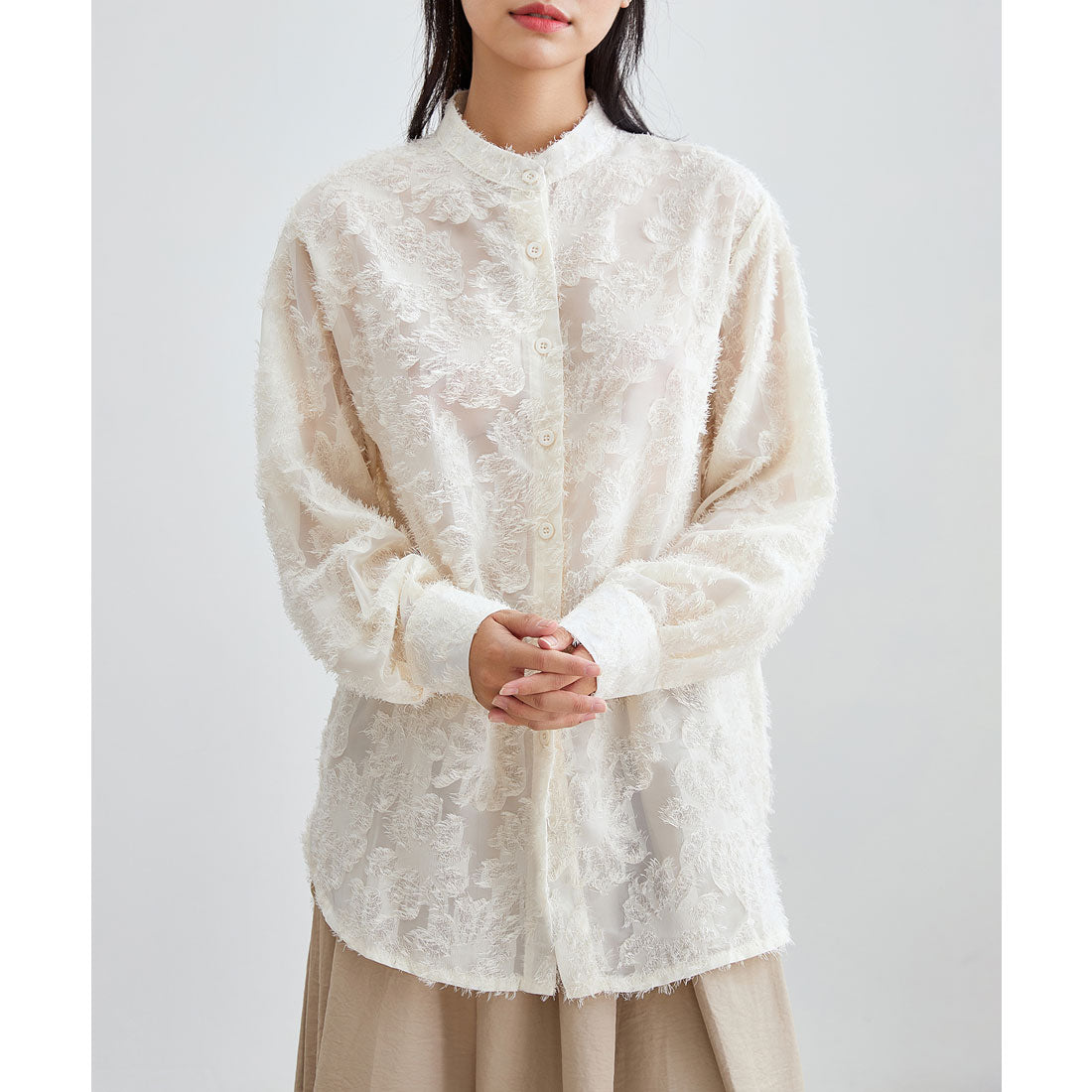 レースレディース Lace Ladies 花柄 フリンジ ジャガード 長袖 ブラウス (アイボリー) アイボリー