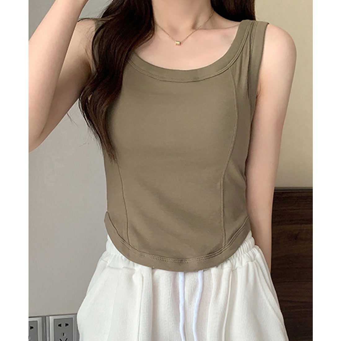 レースレディース Lace Ladies Uネック ラウンドカット コンパクト カップ付き タンクトップ (グリーン) グリーン