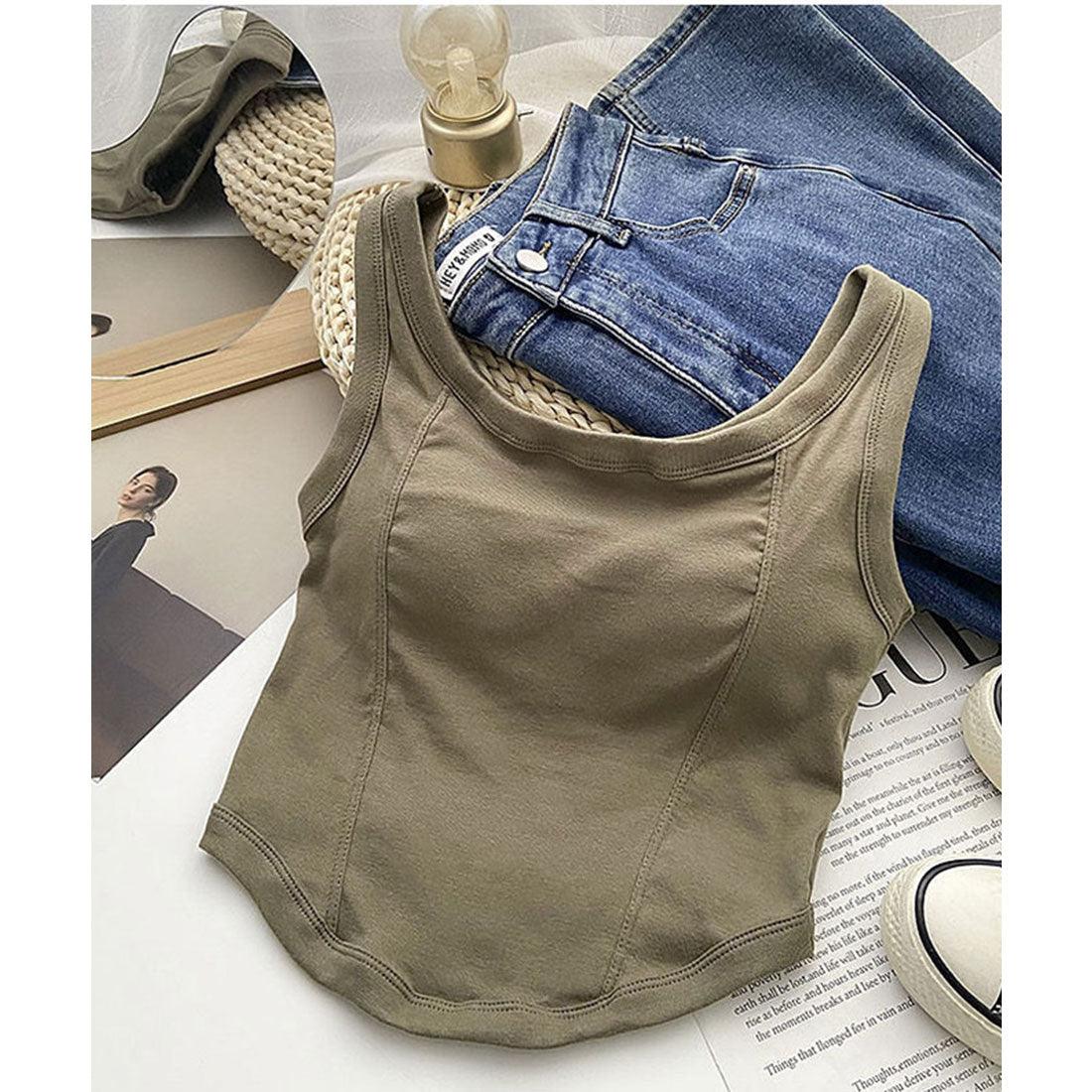 レースレディース Lace Ladies Uネック ラウンドカット コンパクト カップ付き タンクトップ (グリーン) グリーン