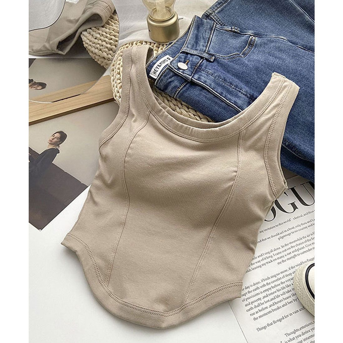 レースレディース Lace Ladies Uネック ラウンドカット コンパクト カップ付き タンクトップ (グリーン) グリーン