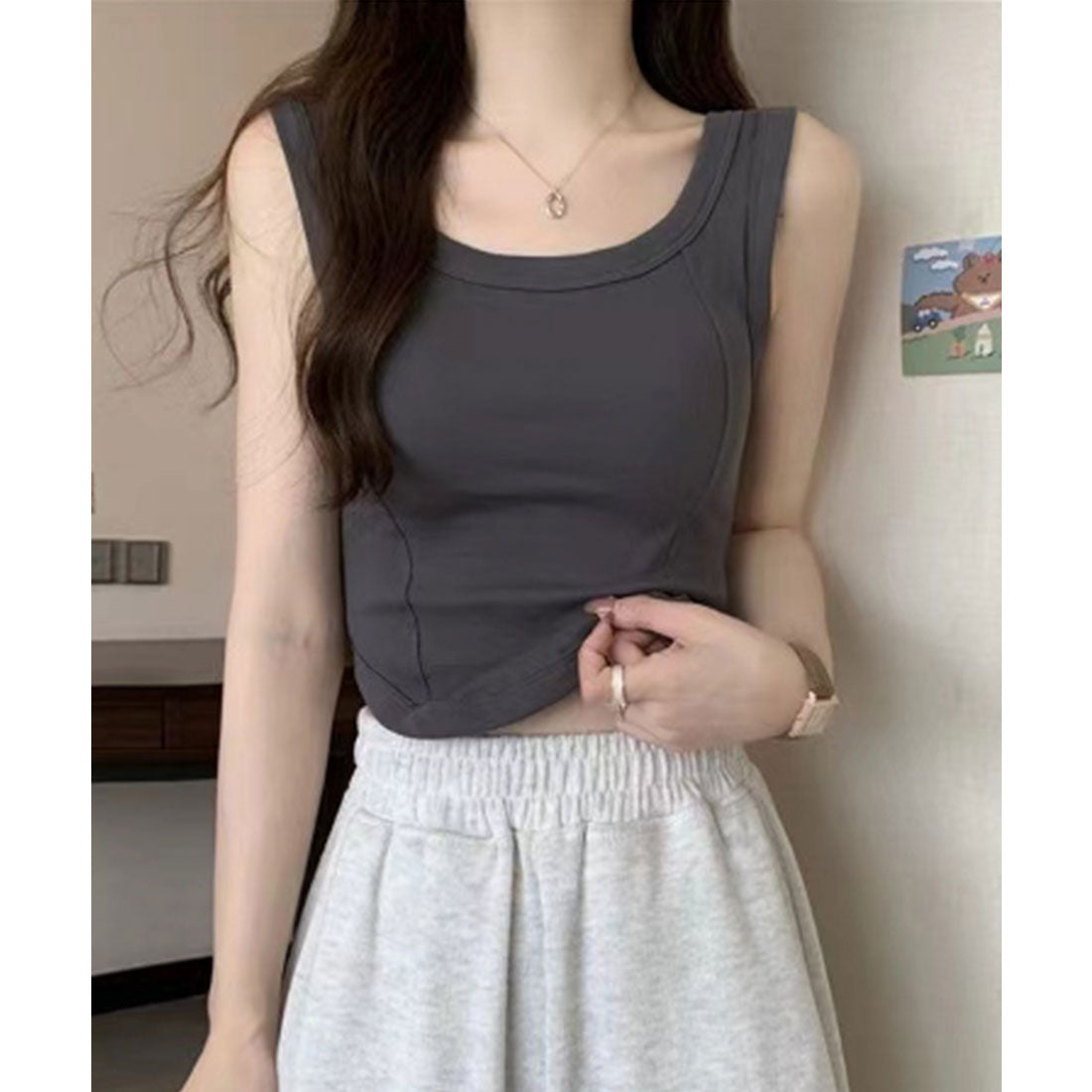 レースレディース Lace Ladies Uネック ラウンドカット コンパクト カップ付き タンクトップ (グレー) グレー