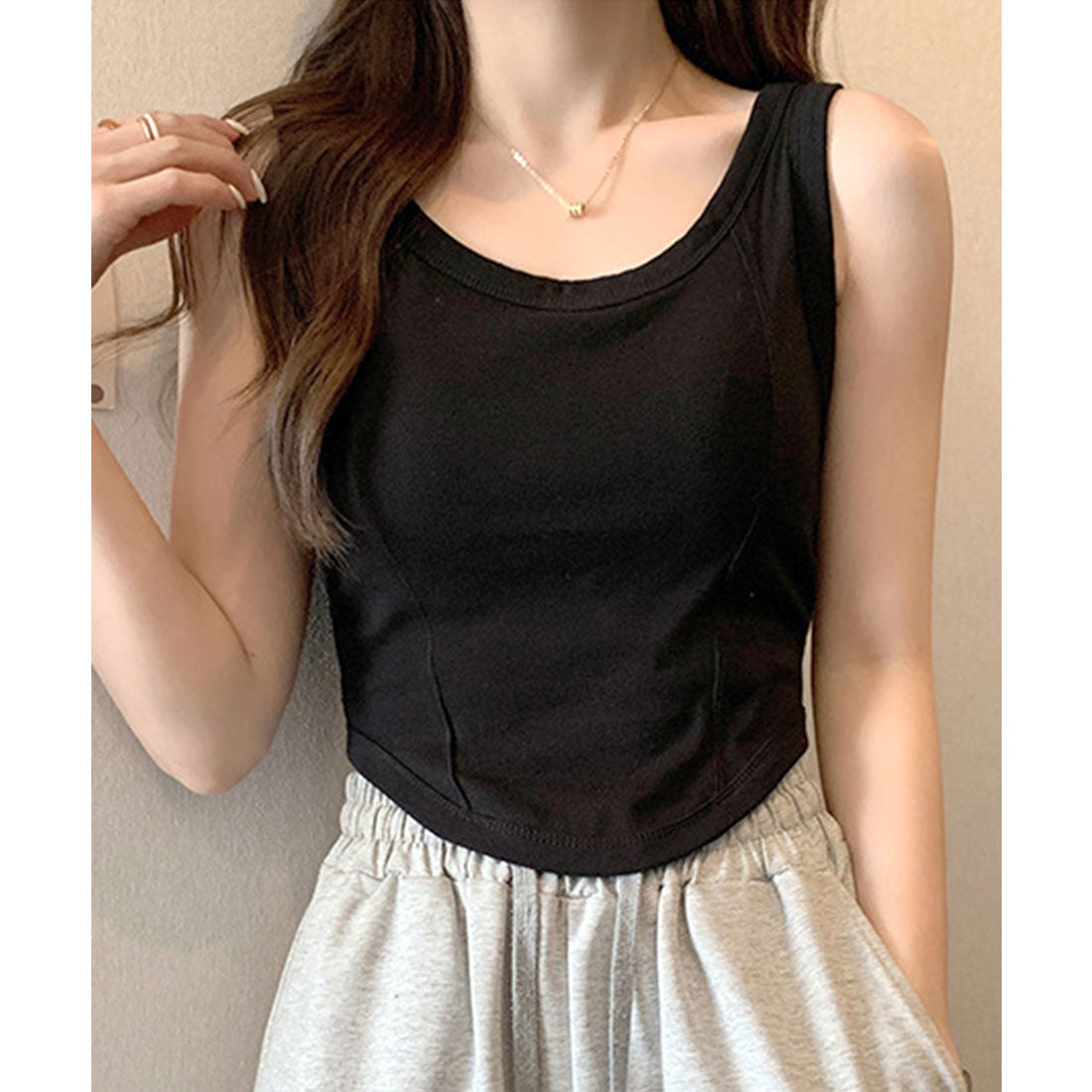 レースレディース Lace Ladies Uネック ラウンドカット コンパクト カップ付き タンクトップ (ブラック) ブラック