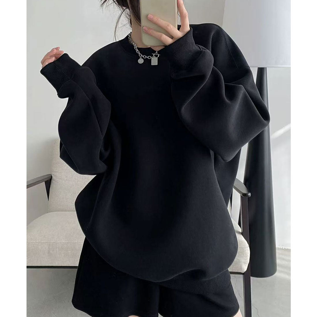 レースレディース Lace Ladies コットン クルーネック オーバーサイズ スウェット プルオーバー (ブラック) ブラック